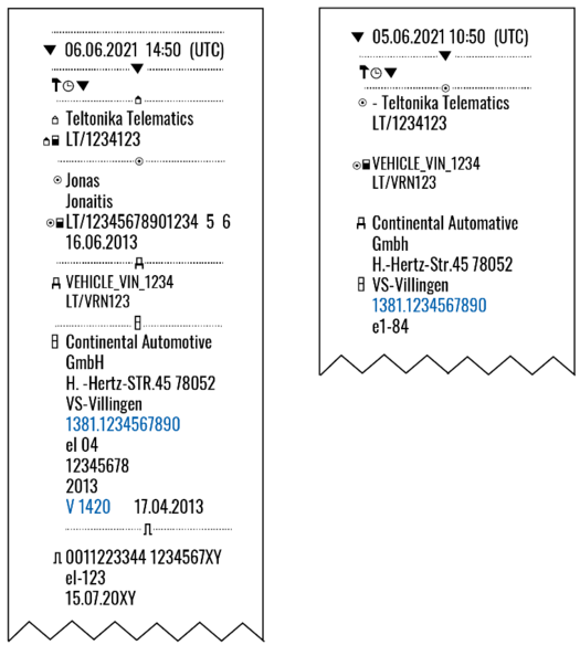 Exemplu part number tahograf VDO indicat pe printout
